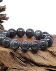 Baikalla Natural Black Wuji Jadeite Jade Round Bead Bracelet (14mm)
