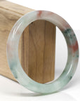 High-End Natural Green & Red Flower Jadeite Jade "Square Cut" Bangle Bracelet (61mm)