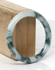 Baikalla Natural Light Blue-Green W/ Blue-Green Flowers Jadeite Jade "Traditional Round" Bangle Bracelet (55.1mm)