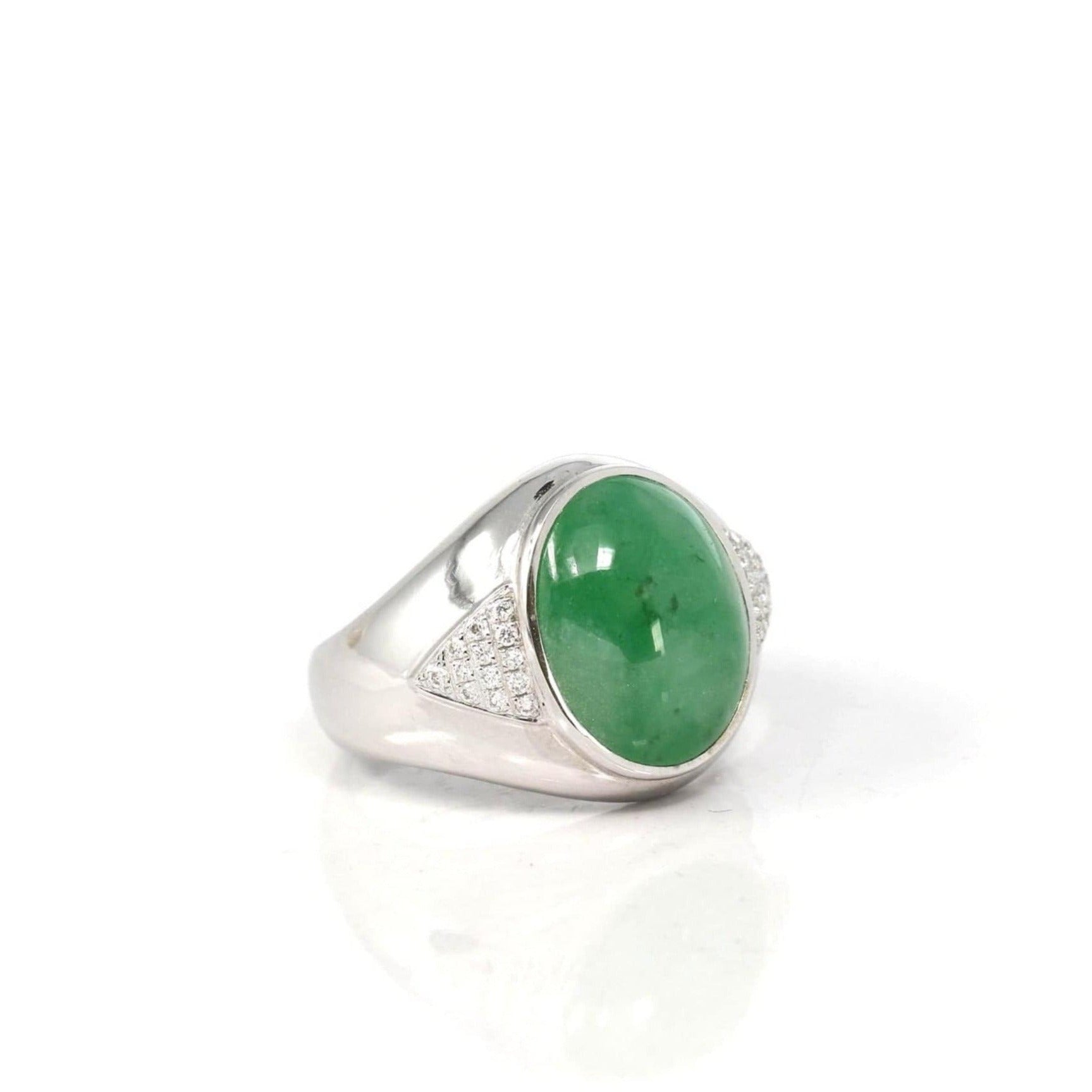 Green Jade Stone 18k Gold Jade Mens Ring Bold Men's Dyed Jade Ring With Diamonds 18K Yellow Gold EraGem Estate, Antique Vintage Jewelry