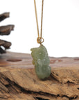 Baikalla Icy Oil-Green & Hazel "PiXiu" (Fortune Beast) Genuine Burmese Jadeite Jade Pendant W/ 18K Yellow Gold Bail