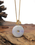 Baikalla Icy & Vibrant Lavender "Ping An Kou" (Good Luck Button) Genuine Burmese Jadeite Jade Pendant W/ 18K Yellow Gold Bail & Diamonds