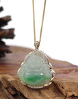 Baikalla Jewelry Gold Jade Buddha Baikalla "Laughing Buddha" 14k Gold Genuine Green Jadeite Jade with VS1 Diamonds