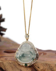 Baikalla Jewelry 18k Gold Jadeite Necklace Baikalla 14K Yellow Gold Genuine Burmese Ice Jadeite Jade Buddha Pendant with VS1 Diamonds High Jewelry
