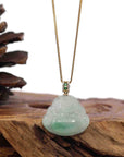 Baikalla Jewelry Gold Jadeite Jade Pendant Necklace Natural Burmese Jadeite Jade Happy Buddha With 14k Yellow Gold AAA Tsavorite Bail