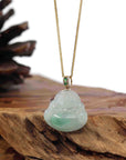 Baikalla Jewelry Gold Jadeite Jade Pendant Necklace Natural Burmese Jadeite Jade Happy Buddha With 14k Yellow Gold AAA Tsavorite Bail