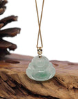 Baikalla Jewelry Gold Jadeite Jade Pendant Necklace Natural Burmese Jadeite Jade Happy Buddha With 14k Yellow Gold AAA Tsavorite Bail