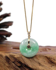 Baikalla Jewelry Gold Jadeite Jade Pendant Necklace "Good Luck Button" Green Jadeite Jade Lucky KouKou Pendant With 14K Yellow Gold Diamond Bail