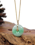 Baikalla Jewelry Gold Jadeite Jade Pendant Necklace "Good Luck Button" Green Jadeite Jade Lucky KouKou Pendant With 14K Yellow Gold Diamond Bail