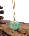 Baikalla Jewelry Gold Jadeite Jade Pendant Necklace "Good Luck Button" Green Jadeite Jade Lucky KouKou Pendant With 14K Yellow Gold Diamond Bail
