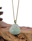 Baikalla Jewelry Gold Jadeite Jade Pendant Necklace Natural Burmese Jadeite Jade Happy Buddha With 14k Yellow Gold AAA Tsavorite Bail