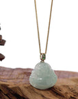 Baikalla Jewelry Gold Jadeite Jade Pendant Necklace Natural Burmese Jadeite Jade Happy Buddha With 14k Yellow Gold AAA Tsavorite Bail