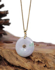 Baikalla Jewelry Gold Jadeite Jade Pendant Necklace "Good Luck Button" Lavender Jadeite Jade Lucky KouKou Pendant With 14K Yellow Gold Bail