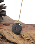 Baikalla Smoky Purple "Ping An Kou" Nephrite Jade Pendant W/ 18K Yellow Gold Bail & Tourmaline