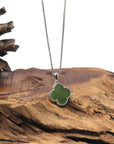 Baikalla Green Nephrite Jade Sterling Silver Lucky Four Leaf Pendant Necklace