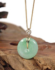 Baikalla Jewelry Gold Jadeite Jade Pendant Necklace "Good Luck Button" Green Jadeite Jade Lucky KouKou Pendant With 14K Yellow Gold Diamond Bail