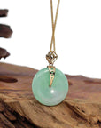 Baikalla Jewelry Gold Jadeite Jade Pendant Necklace "Good Luck Button" Green Jadeite Jade Lucky KouKou Pendant With 14K Yellow Gold Diamond Bail
