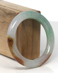 Baikalla Icy Apple-Green & White W/ Yellow-Brown Patches "Traditional Round" Jadeite Jade Bangle Bracelet (54.3mm)