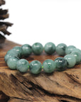 Baikalla Blue-Green Flower Genuine Jadeite Jade Large Round Bead Bracelet (13mm)