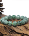 Baikalla Blue-Green Flower Genuine Jadeite Jade Large Round Bead Bracelet (13mm)