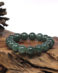 Baikalla Oil-Green Genuine Jadeite Jade Large Round Bead Bracelet (12mm)