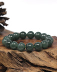 Baikalla Oil-Green Genuine Jadeite Jade Large Round Bead Bracelet (12mm)