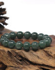 Baikalla Oil-Green Genuine Jadeite Jade Large Round Bead Bracelet (12mm)