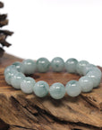 Baikalla Light Blue-Green Flower Genuine Jadeite Jade Large Round Bead Bracelet (12.5mm)