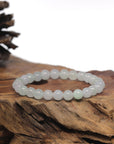 Baikalla Icy White & Light Green Genuine Jadeite Jade Round Bead Bracelet (7.3mm)