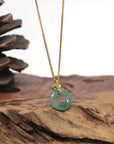 Baikalla Icy Green "Ping An Kou" Jadeite Jade Pendant W/ 18K Yellow Gold Bail & Imperial Jade