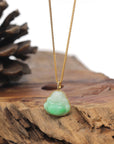 Baikalla Apple-Green & White "Happy Buddha" Jadeite Jade Pendant W/ 18K Yellow Gold Bail & Diamonds