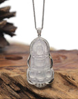 Baikalla Icy White Guan Yin "Goddess of Compassion" Jadeite Jade Pendant W/ 18K White Gold Bail & Diamonds