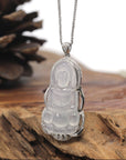Baikalla Icy White Guan Yin "Goddess of Compassion" Jadeite Jade Pendant W/ 18K White Gold Bail & Diamonds