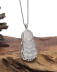 Baikalla Icy White Guan Yin "Goddess of Compassion" Jadeite Jade Pendant W/ 18K White Gold Bail & Diamonds