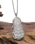 Baikalla Icy White Guan Yin "Goddess of Compassion" Jadeite Jade Pendant W/ 18K White Gold Bail & Diamonds