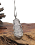 Baikalla Icy White Guan Yin "Goddess of Compassion" Jadeite Jade Pendant W/ 18K White Gold Bail & Diamonds