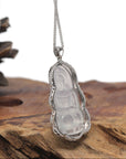 Baikalla Icy White Guan Yin "Goddess of Compassion" Jadeite Jade Pendant W/ 18K White Gold Bail & Diamonds