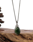 Baikalla Jewelry Nephrite Jade Necklace Genuine Green Nephrite Jade Tear Drop Pendant Necklace With CZ