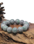 Baikalla Grey Wuji & Green Flower Genuine Jadeite Jade Large Round Bead Bracelet (13.3mm)