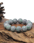 Baikalla Grey Wuji & Green Flower Genuine Jadeite Jade Large Round Bead Bracelet (13.3mm)