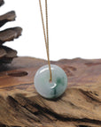Baikalla "Ping An Kou" (Good Luck Button) White W/ Blue-Green Flower Patch Jadeite Jade Pendant Necklace