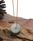 Baikalla "Ping An Kou" (Good Luck Button) White-Green Jadeite Jade Pendant Necklace