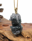 Baikalla Jewelry genuine jadeite carving Genuine Burmese Blue-Green Jadeite Jade PiXiu Pendant Necklace With 18K Gold Bail