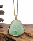 Baikalla Jewelry Gold Jade Buddha Baikalla "Laughing Buddha" 14k Gold Genuine Green Jadeite Jade with VS1 Diamonds