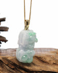 Baikalla Jewelry genuine jadeite carving Genuine Burmese Lavender-Green Jadeite Jade PiXiu Pendant Necklace With 18K Gold Bail