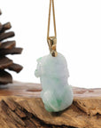 Baikalla Jewelry genuine jadeite carving Genuine Burmese Lavender-Green Jadeite Jade PiXiu Pendant Necklace With 18K Gold Bail