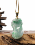 Baikalla Jewelry genuine jadeite carving Genuine Burmese Lavender-Green Jadeite Jade PiXiu Pendant Necklace With 18K Gold Bail
