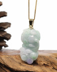 Baikalla Jewelry genuine jadeite carving Genuine Burmese Lavender-Green Jadeite Jade PiXiu Pendant Necklace With 14K Gold Bail