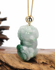 Baikalla Jewelry genuine jadeite carving Genuine Burmese Lavender-Green Jadeite Jade PiXiu Pendant Necklace With 18K Gold Bail