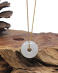 Baikalla "Ping An Kou" (Good Luck Button) White W/ Vibrant Green Spot Jadeite Jade Pendant Necklace